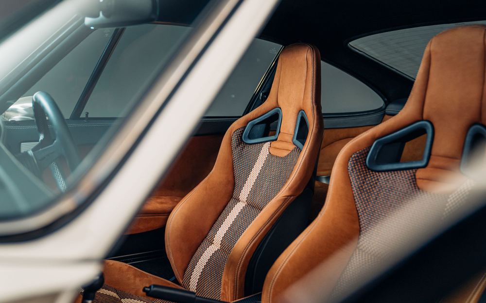 Cream Coupé, a Porsche 911 (964) reimagined by Theon Design: tan leather and woven fabric sports seats