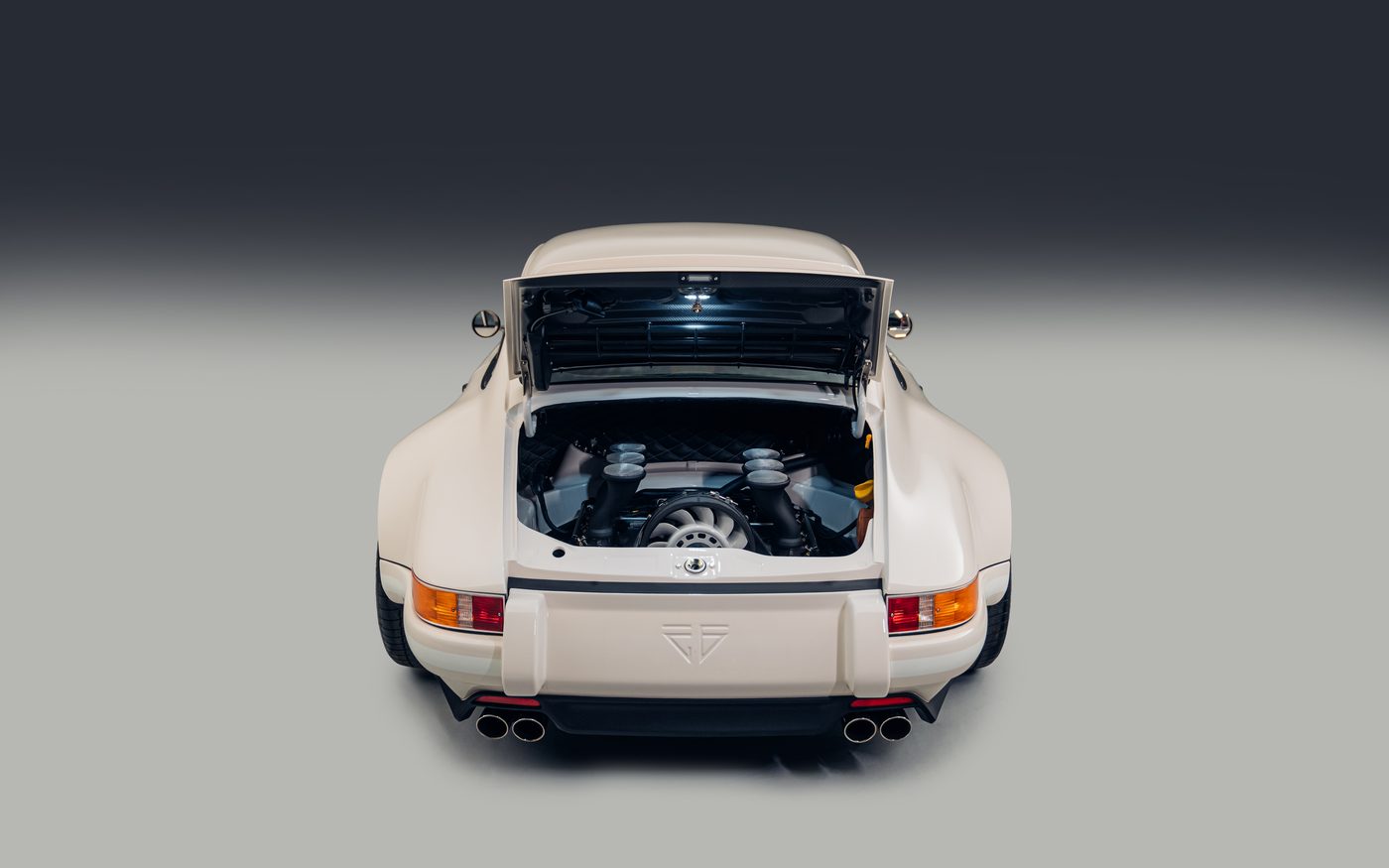 Theon Design bespoke air-cooled Porsche 964 flat-six engine bay, rear view